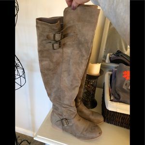 Beige suede over the knee flat boots